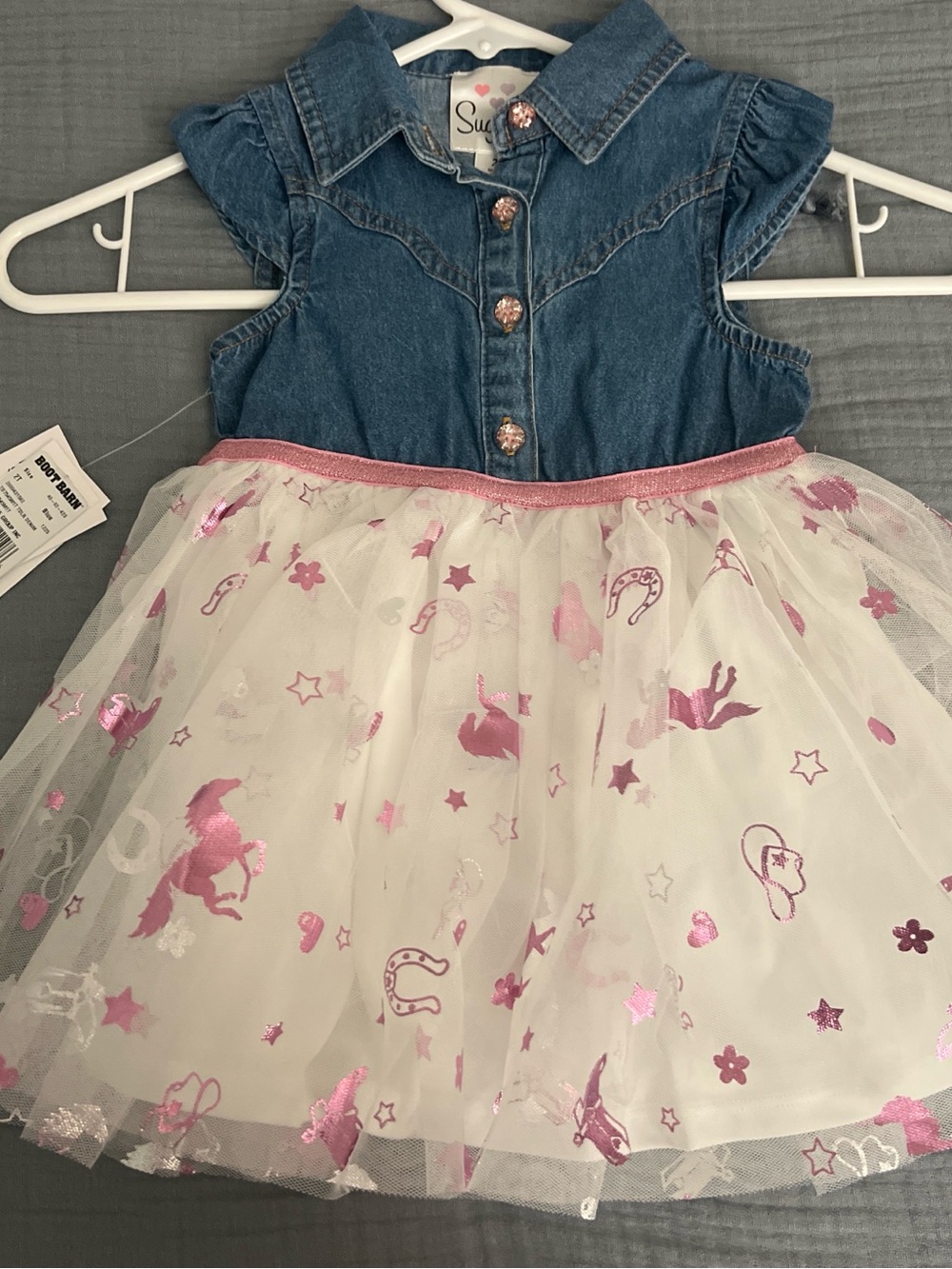 Girls' Denim Top & Pink Unicorn Tulle Skirt Dress